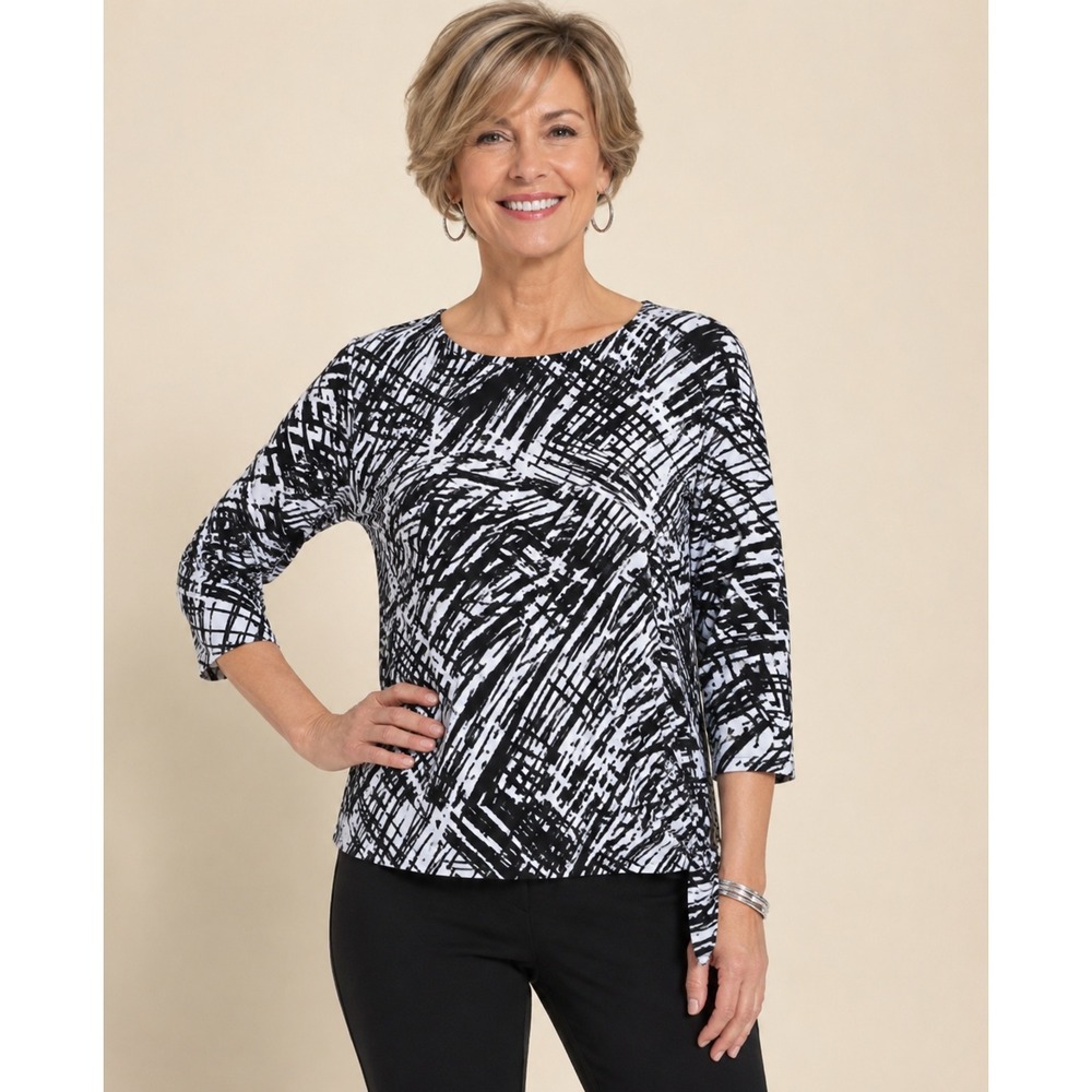Chico's‎ Black/White Stripe Crew 3/4 Sleeve Top Womens size 1/L Boho